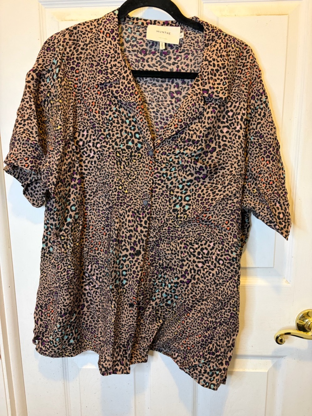 MUNTHE Multicolor Viscose Blend Leopard Print Short Sleeve Blouse
